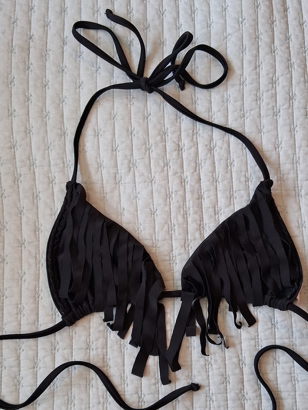 Boys + Arrows Black Fringe Triangle Bikini Top